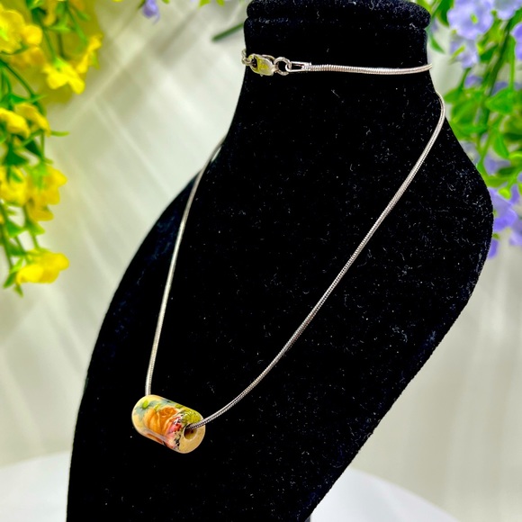 925 Sterling Silver Italy Vintage Wooden Hand Painted Dloral Bead Necklace - Picture 2 of 6